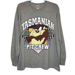 Taz Pit Crew T Shirt Vtg Long Sleeve Tasmanian Devil Racing Front Back Graphics
